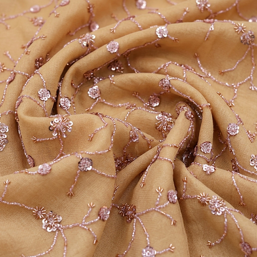 Swirled Embroidery Gold Embroidery Tissue Fabric