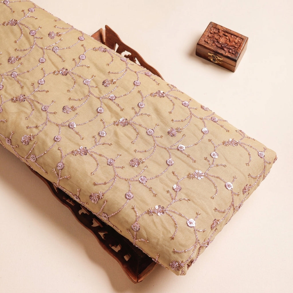 Embroidery Gold Embroidery Tissue Fabric on a wooden tray