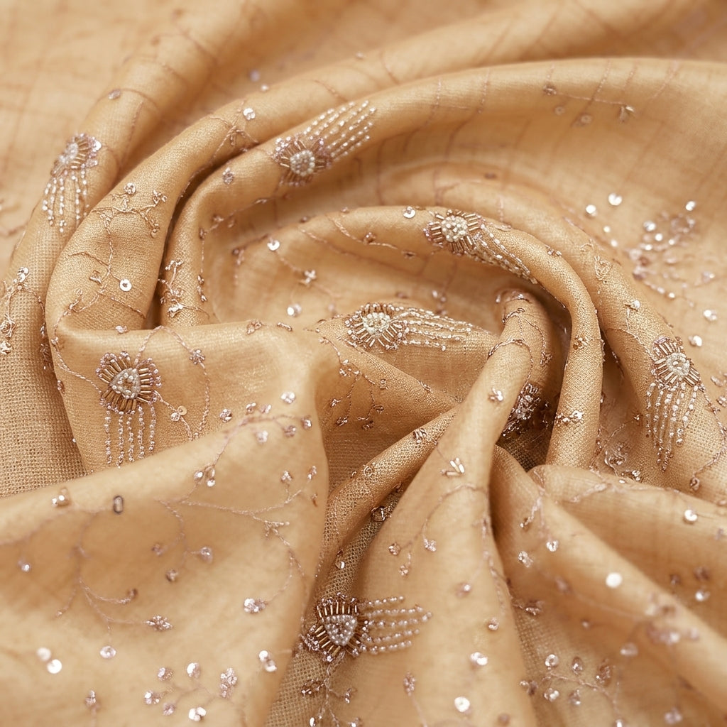 Swirled Embroidery Gold Embroidery Tissue Fabric