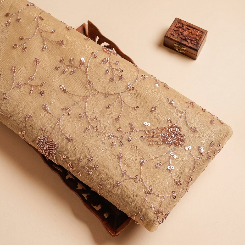 Embroidery Gold Embroidery Tissue Fabric on a wooden tray