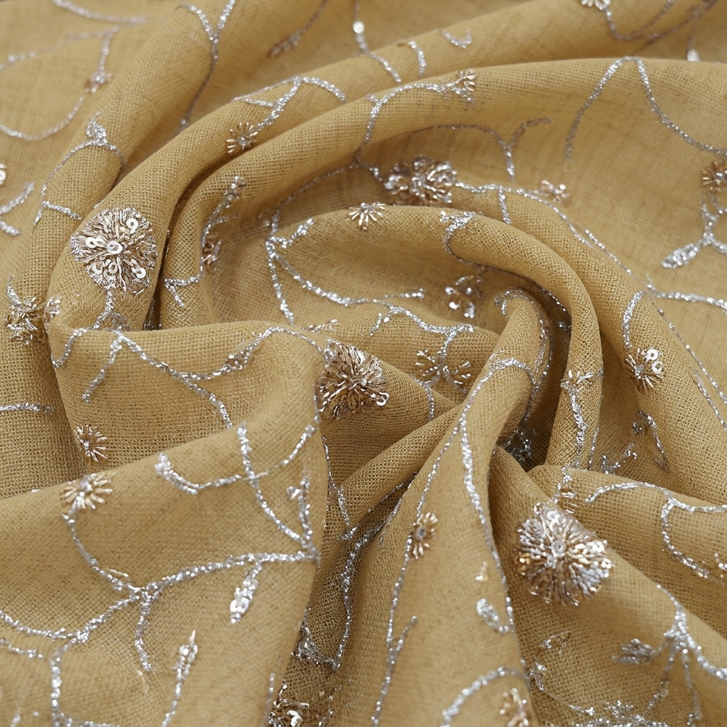 Swirled Embroidery Gold Embroidery Tissue Fabric