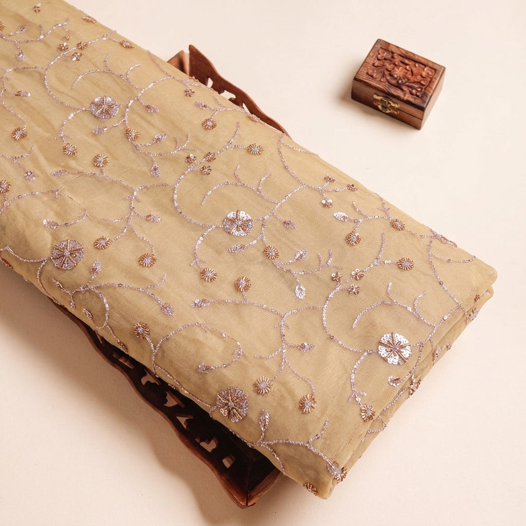 Embroidery Gold Embroidery Tissue Fabric on a wooden tray