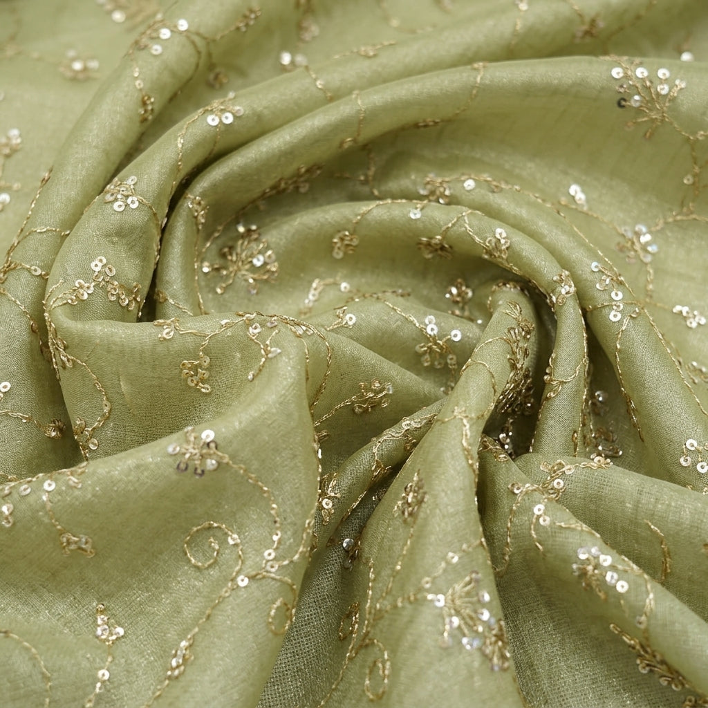 Swirled Embroidery Sea Green Embroidery Tissue Fabric