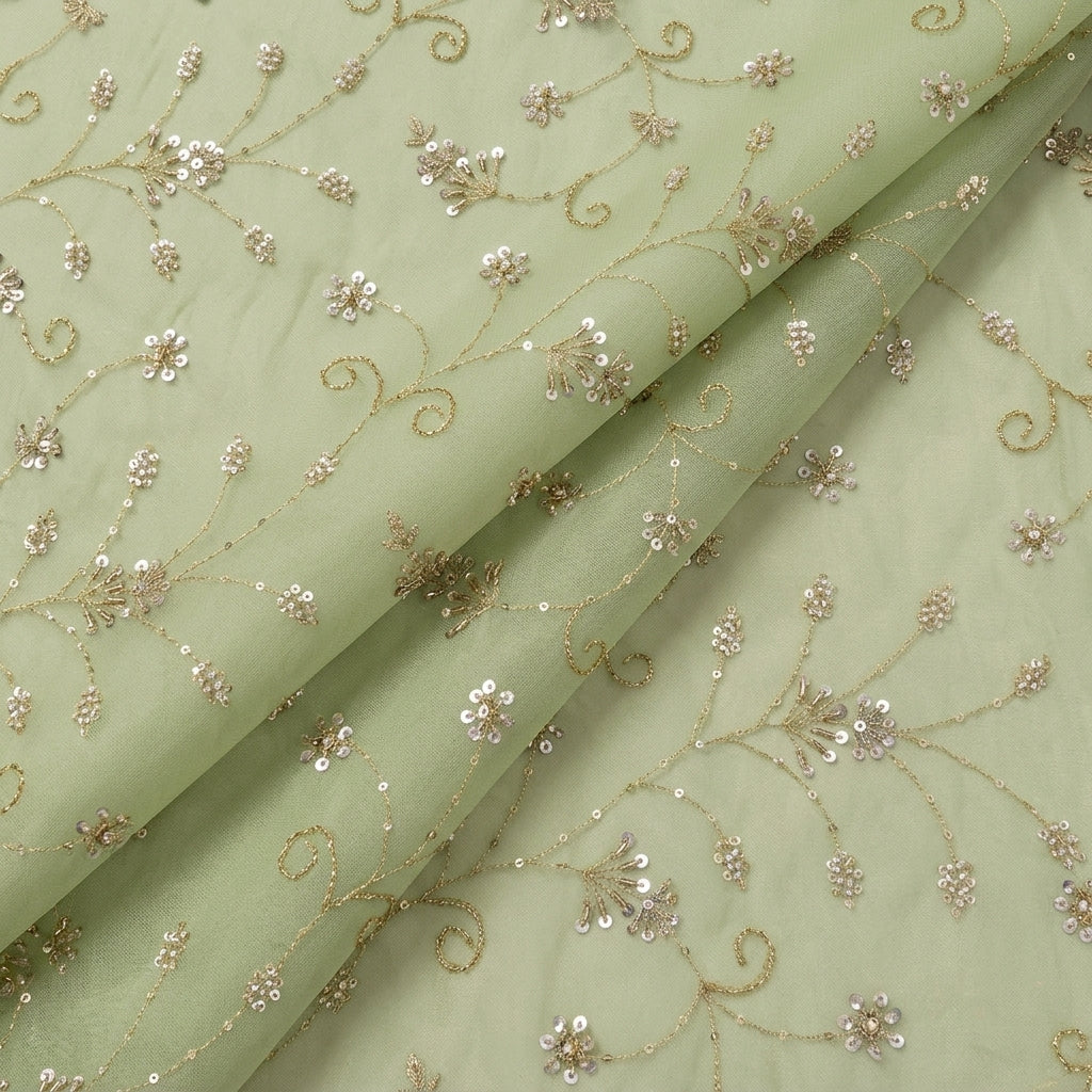 Folded Embroidery Sea Green Embroidery Tissue Fabric