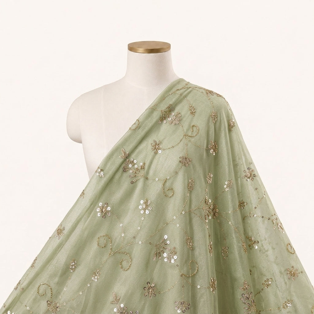 Embroidery Sea Green Embroidery Tissue Fabric Draped as a saree