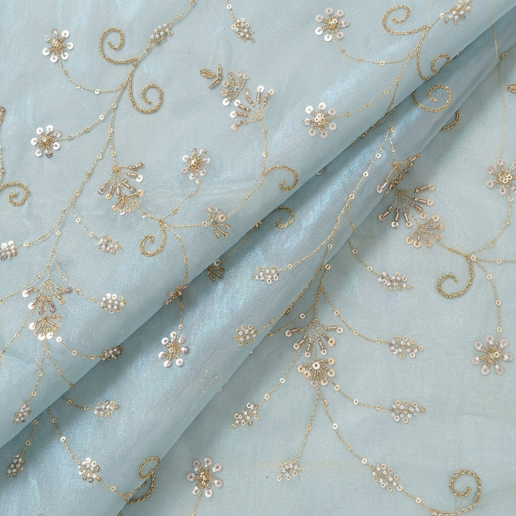 Folded Embroidery Blue Green Embroidery Tissue Fabric