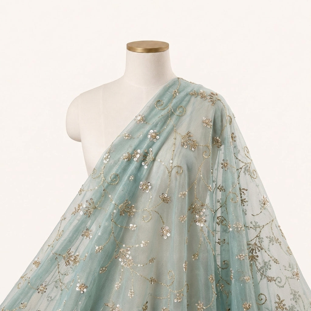 Embroidery Blue Green Embroidery Tissue Fabric Draped as a saree