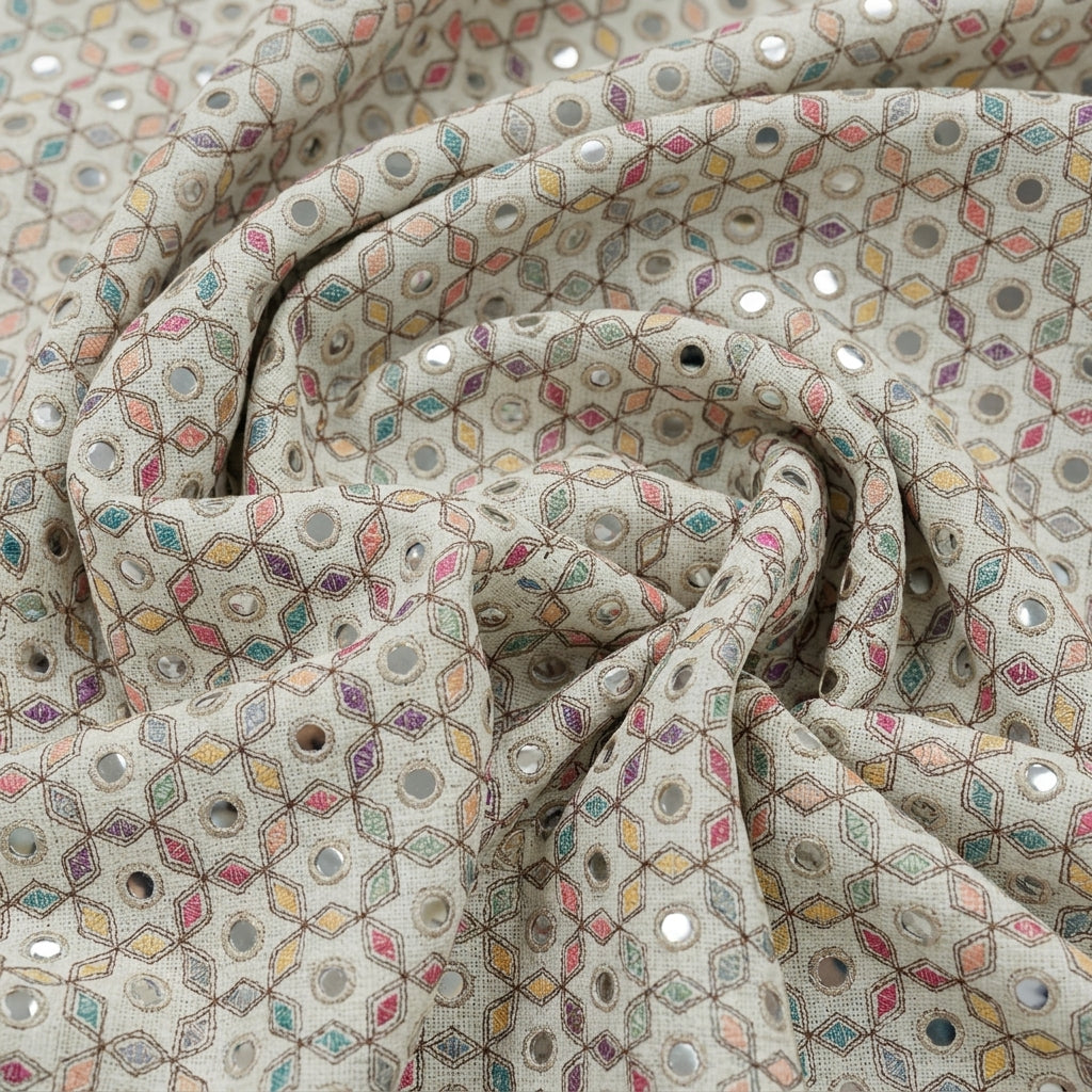 Swirled Embroidery Cream Embroidery Jute Fabric