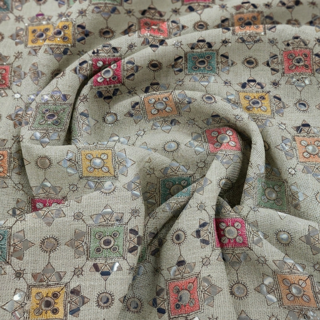 Swirled Embroidery Cream Embroidery Jute Fabric