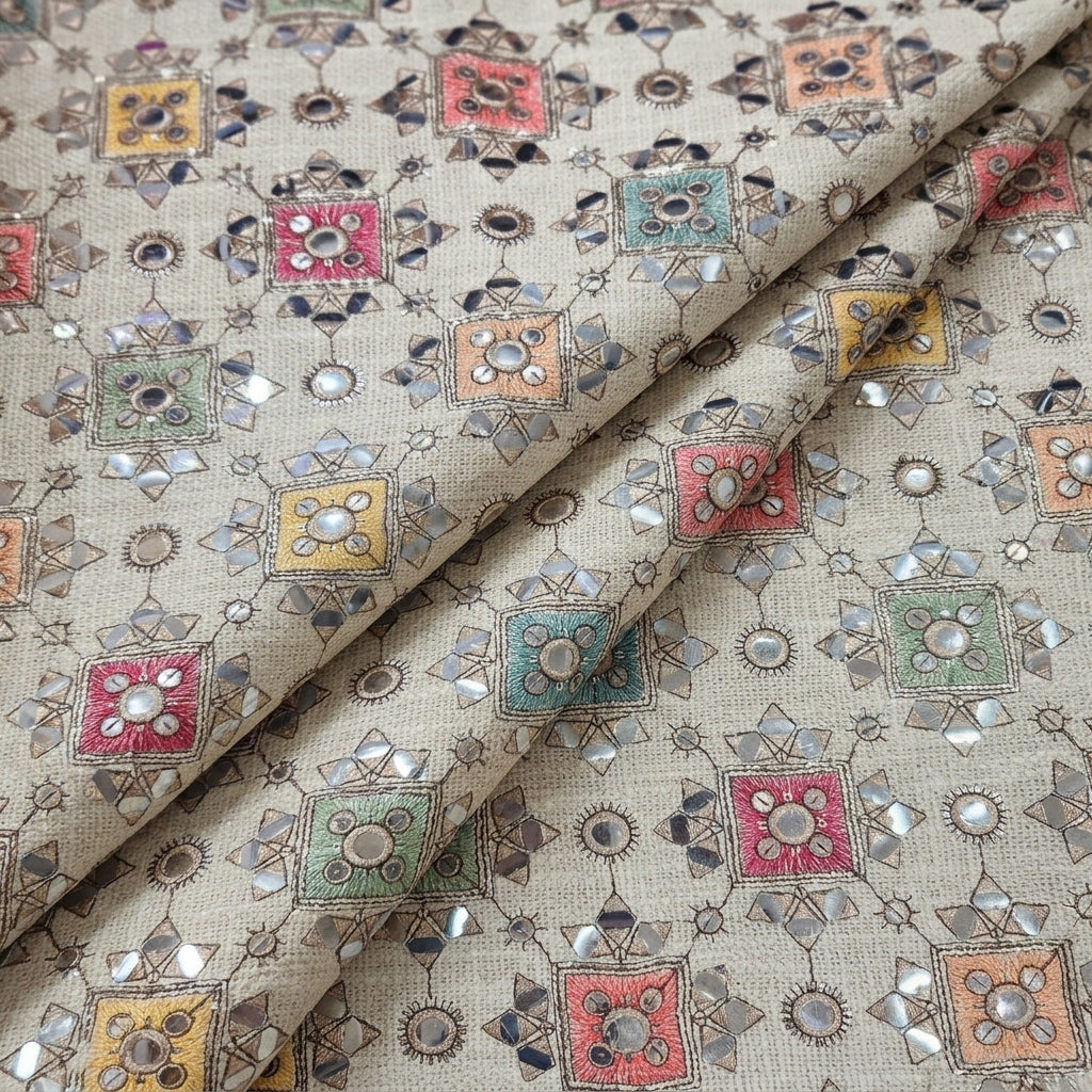 Folded Embroidery Cream Embroidery Jute Fabric