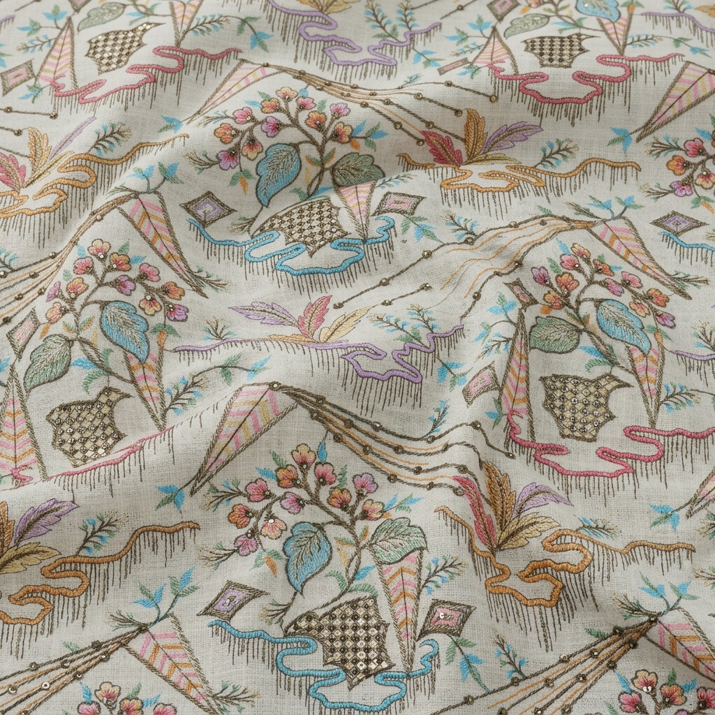Swirled Embroidery Cream Embroidery Jute Fabric