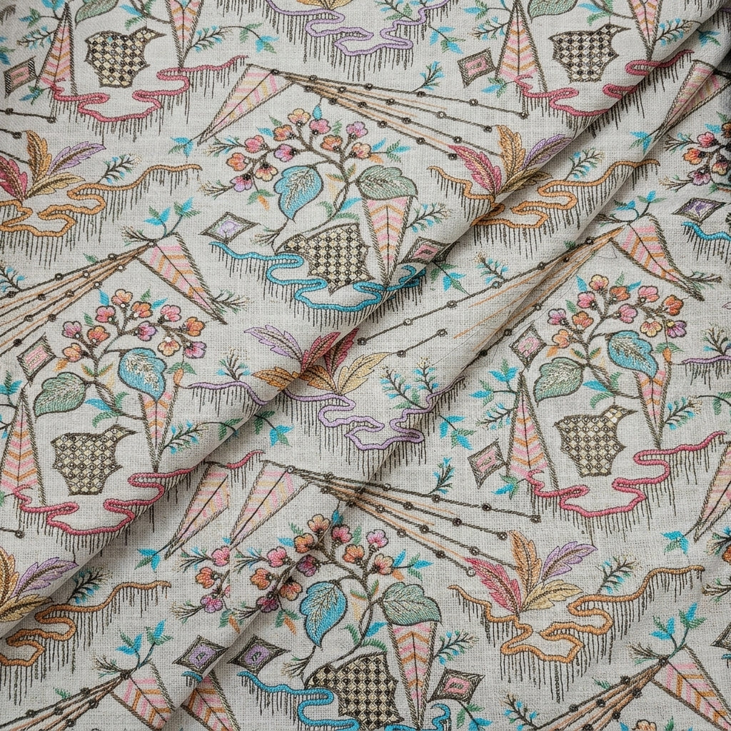 Folded Embroidery Cream Embroidery Jute Fabric