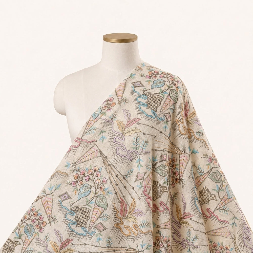 Embroidery Cream Embroidery Jute Fabric Draped as a saree