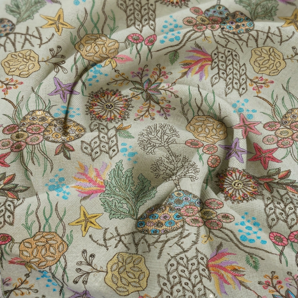 Swirled Embroidery Cream Embroidery Jute Fabric