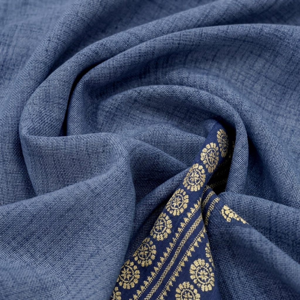 Blue Zari Border Cotton Fabric - EB12749 - EB12749 - Swirl