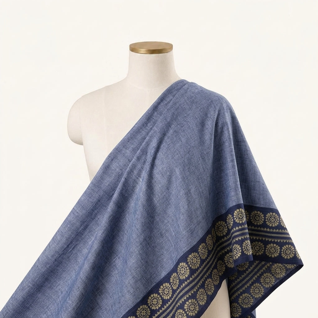 Blue Zari Border Cotton Fabric - EB12749 - EB12749 - saree_drape