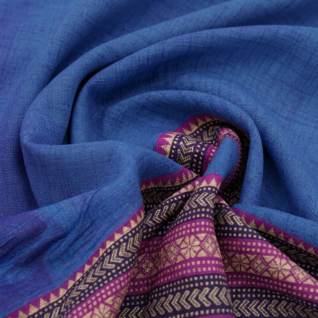 Swirled Zari Border Blue Zari Border Cotton Fabric