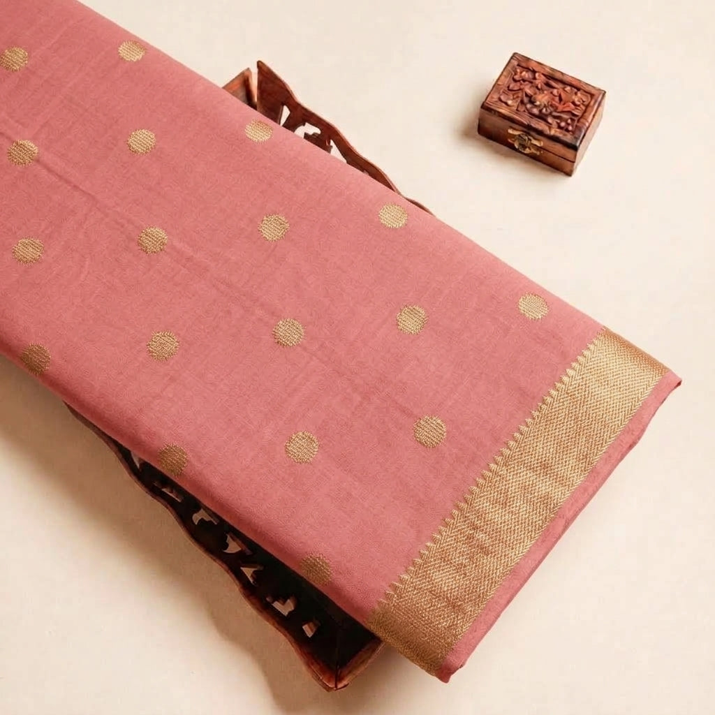 Folded Peach Mangalgiri Cotton Fabric Highlighting Border and Texture