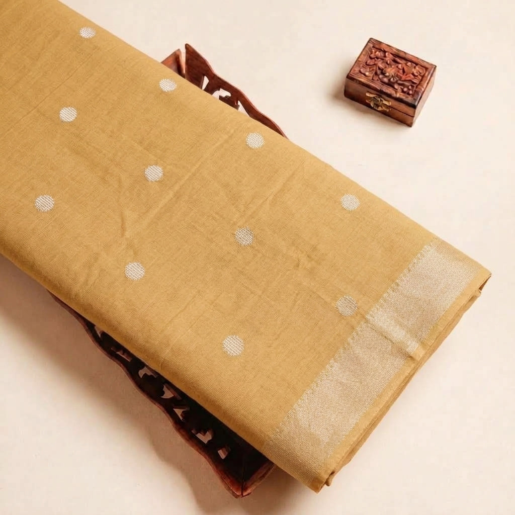 Folded Gold Mangalgiri Cotton Fabric Highlighting Border and Texture