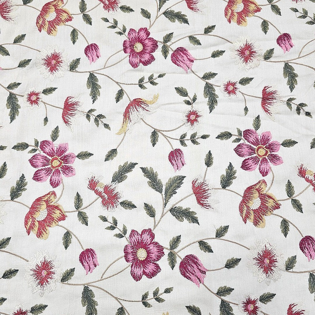 Cream Floral Embroidery Chanderi Cotton Fabric - EB12809