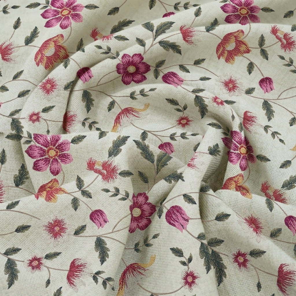 Swirled Embroidery Cream Embroidery Chanderi Cotton Fabric