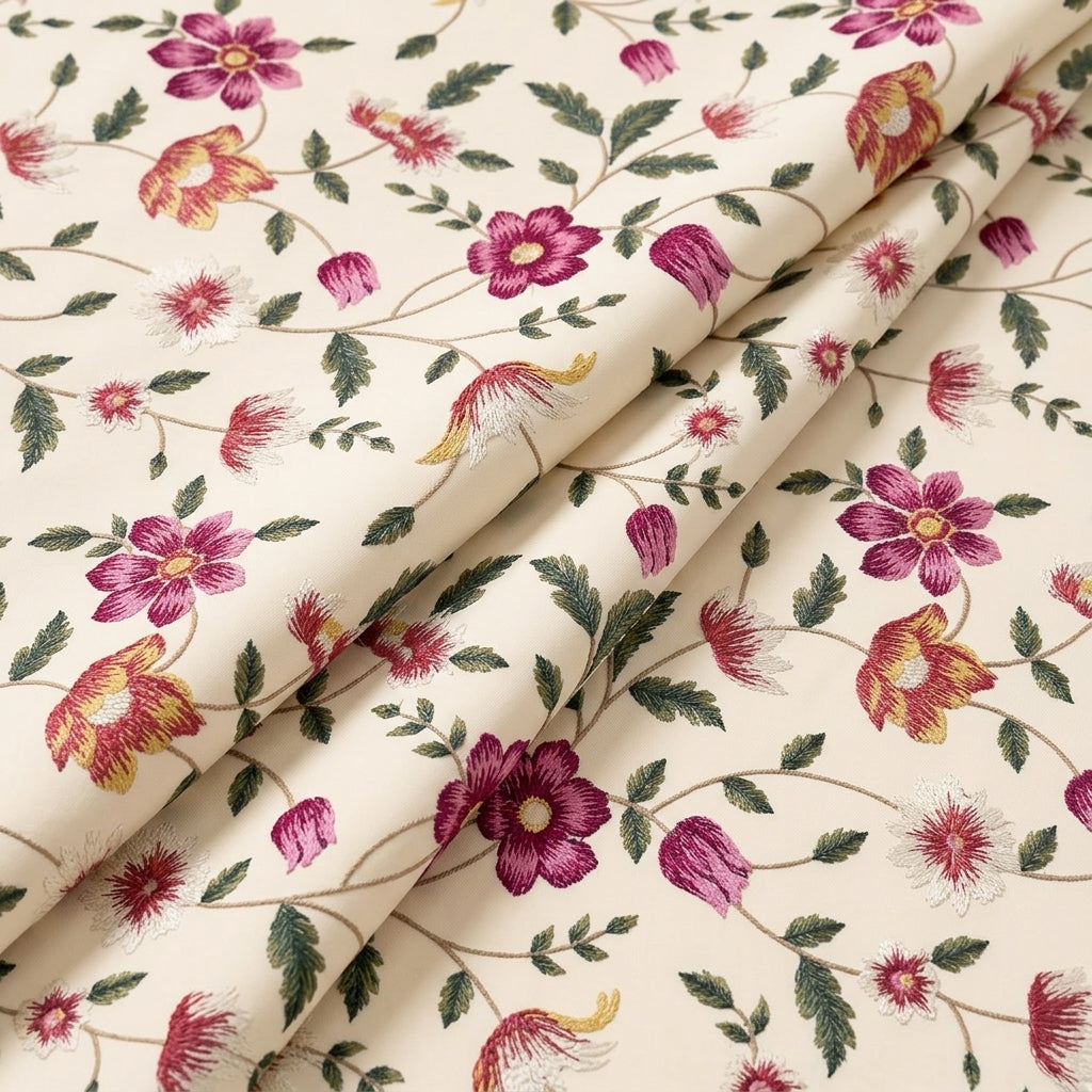 Folded Embroidery Cream Embroidery Chanderi Cotton Fabric