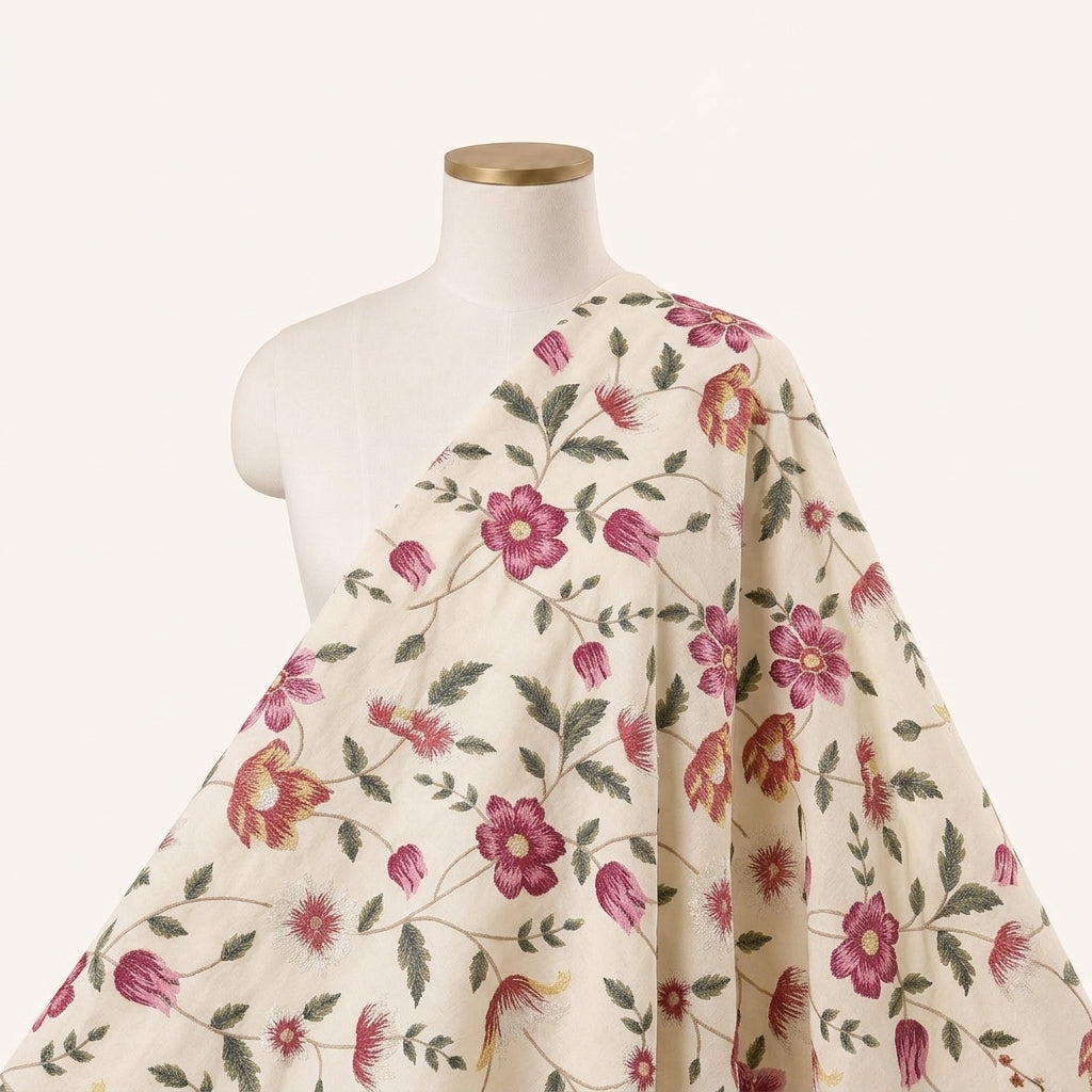 Embroidery Cream Embroidery Chanderi Cotton Fabric Draped as a saree
