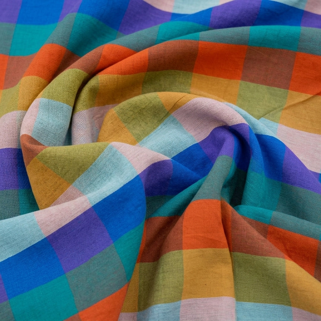 Swirled Checked Multicolor Checked Cotton Fabric