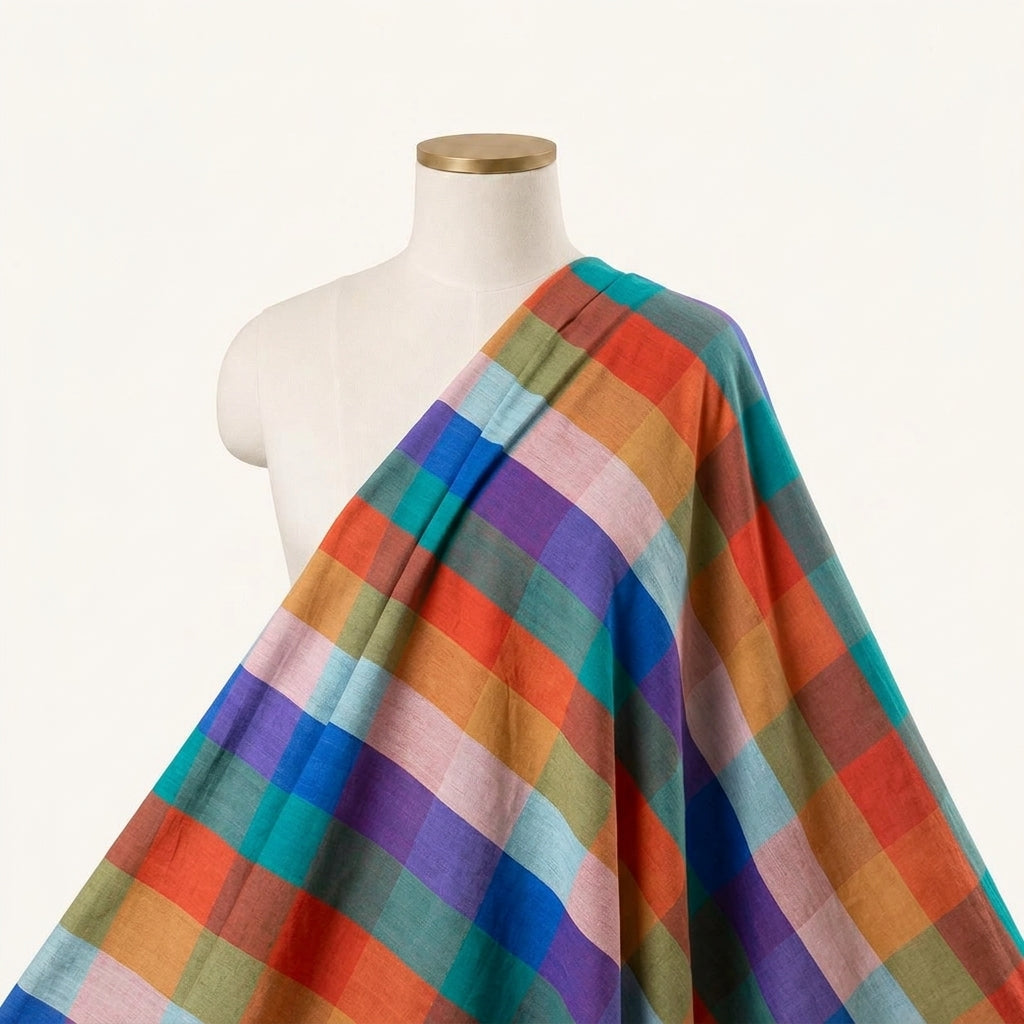Checked Multicolor Checked Cotton Fabric Draped as a saree
