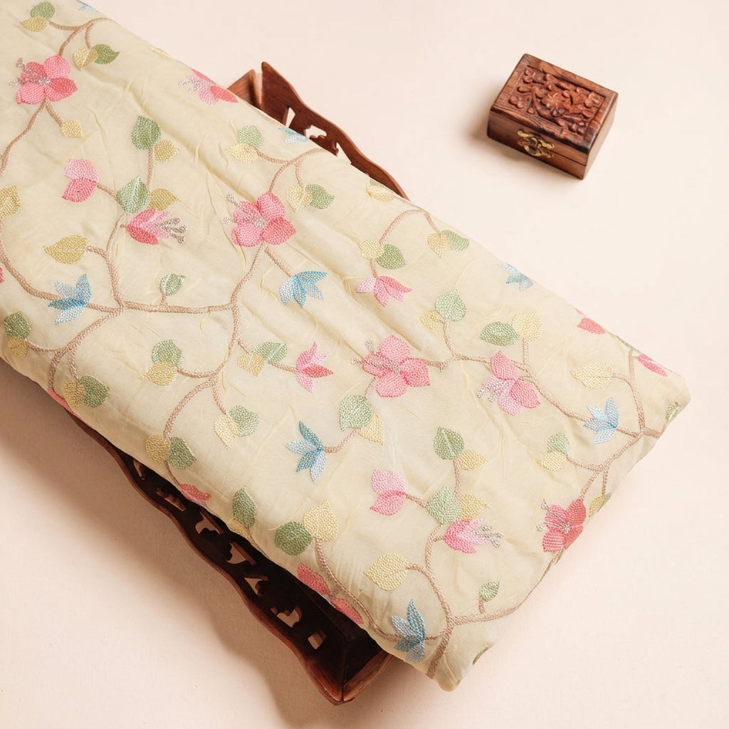 Embroidery Yellow Embroidery Tissue Fabric on a wooden tray