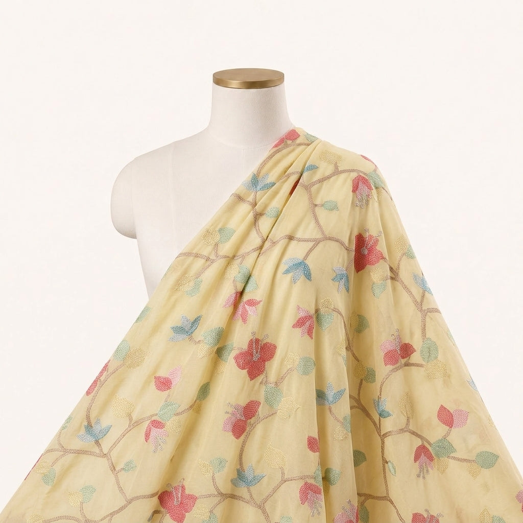 Embroidery Yellow Embroidery Tissue Fabric Draped as a saree