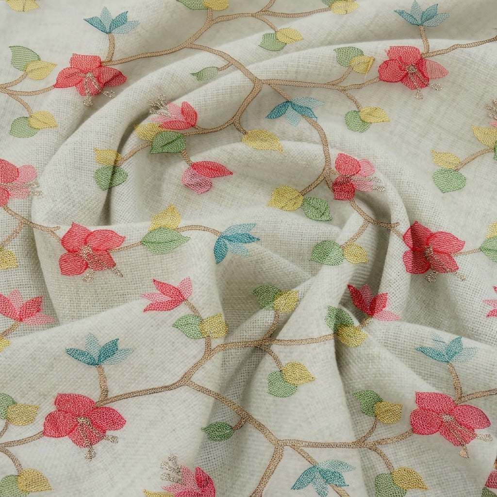 A close-up of draped fabric featuring a delicate floral vine pattern with coral-pink blossoms, teal and yellow leaves, and thin tan branches on an off-white background.
