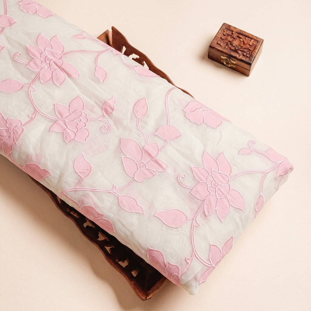 Embroidery Pink Embroidery Tissue Fabric on a wooden tray