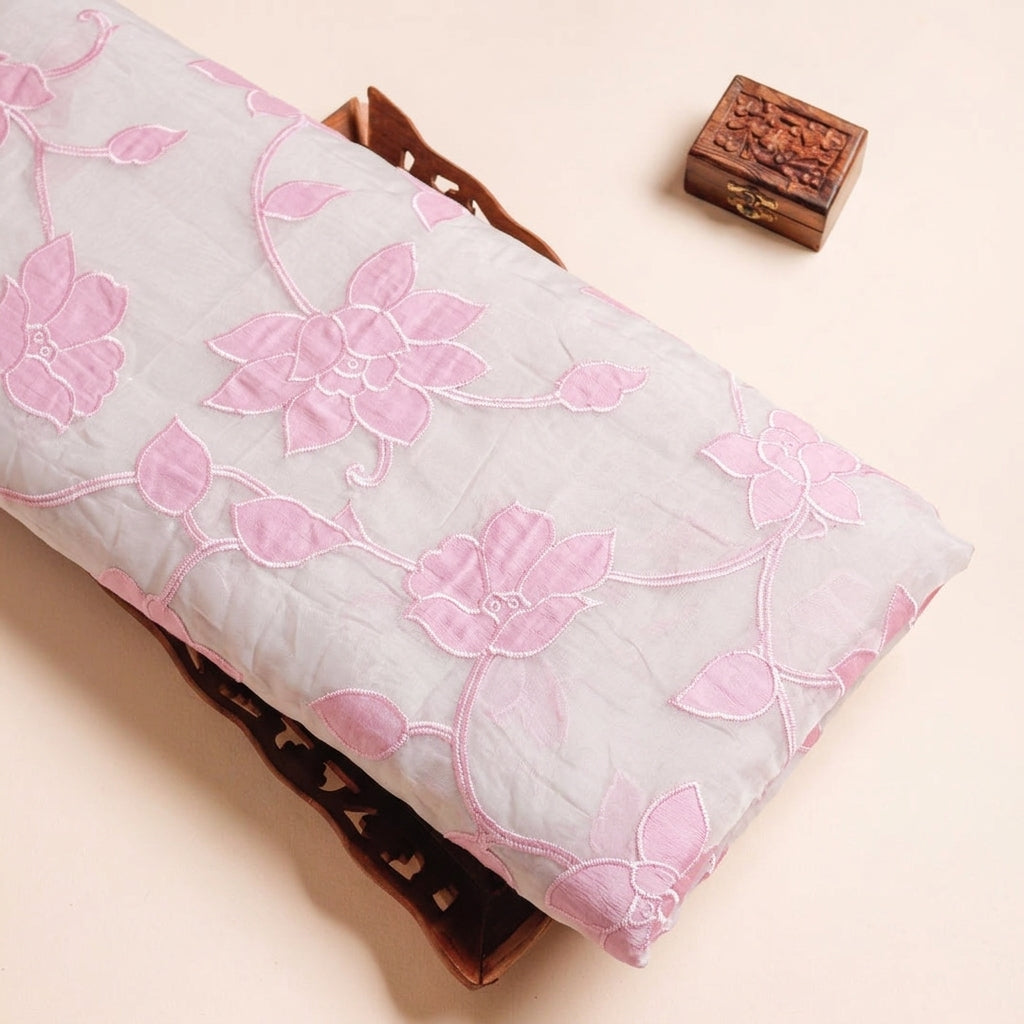 Embroidery Pink Embroidery Tissue Fabric on a wooden tray