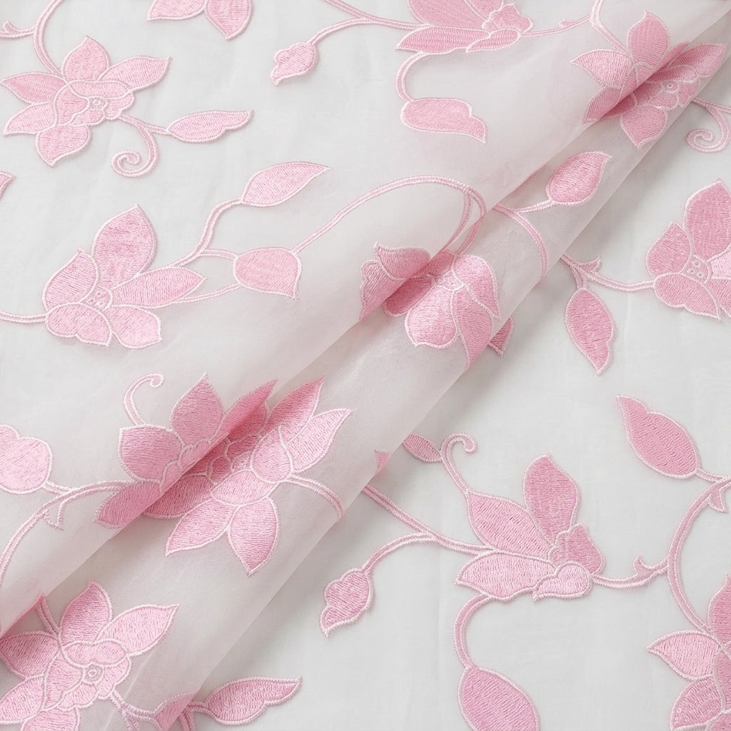 Swirled Embroidery Pink Embroidery Tissue Fabric