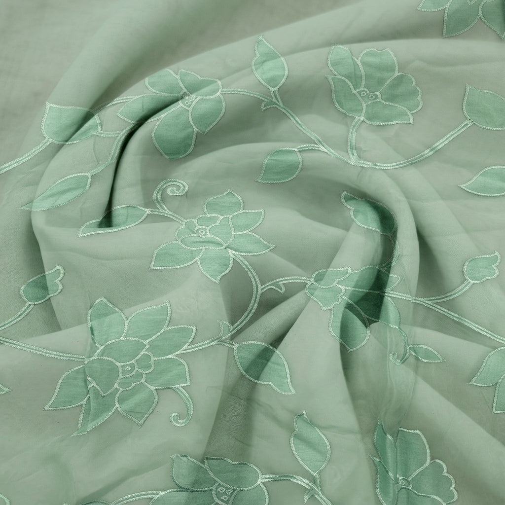 Swirled Embroidery Green Embroidery Tissue Fabric