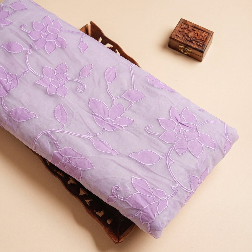 Embroidery Violet Embroidery Tissue Fabric on a wooden tray