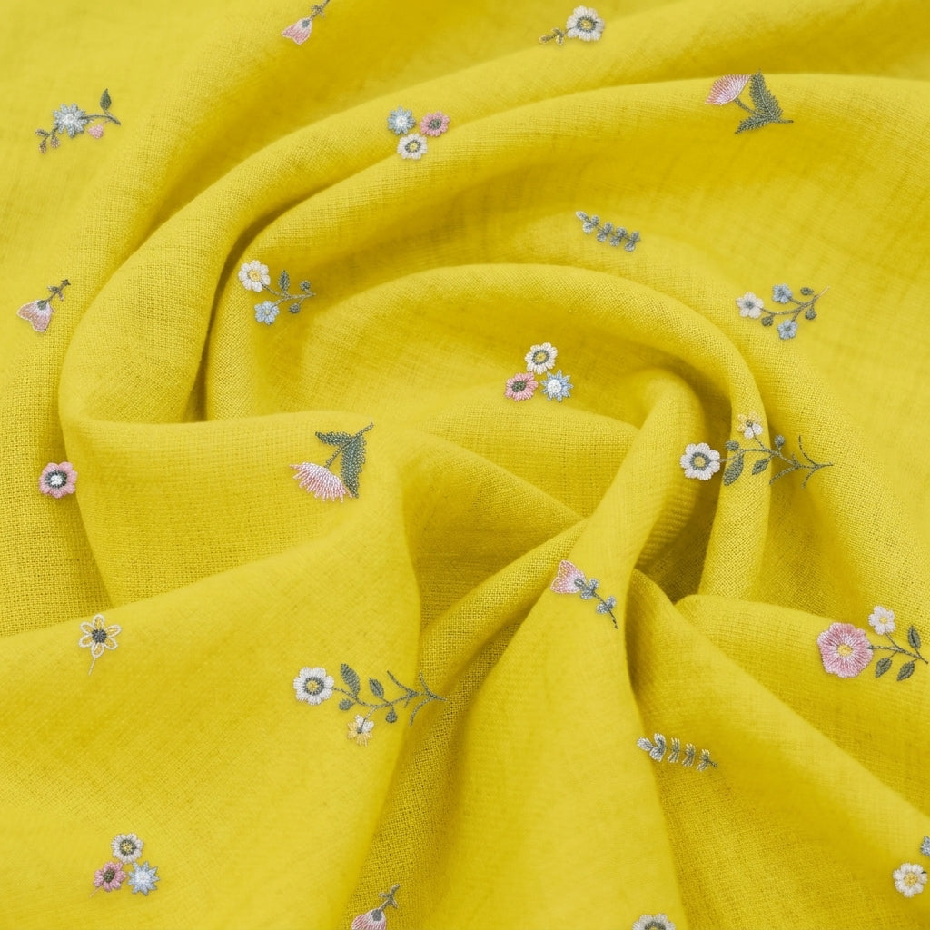 Swirled Embroidery Yellow Embroidery Chanderi Cotton Fabric