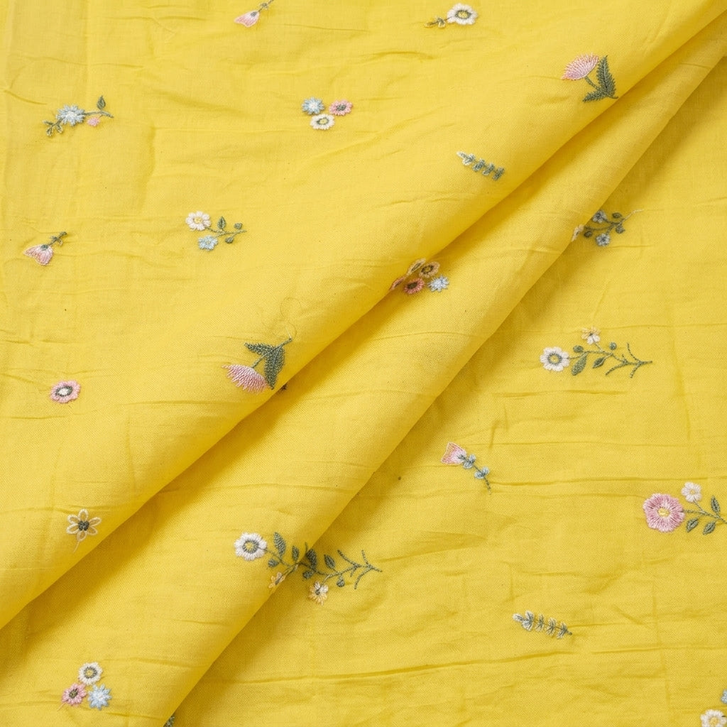 Folded Embroidery Yellow Embroidery Chanderi Cotton Fabric