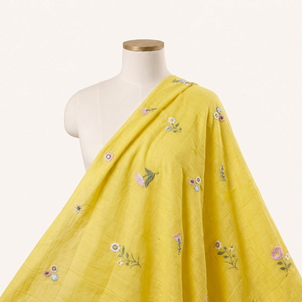 Embroidery Yellow Embroidery Chanderi Cotton Fabric Draped as a saree
