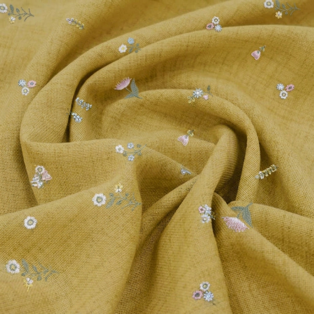 Swirled Embroidery Gold Embroidery Chanderi Cotton Fabric