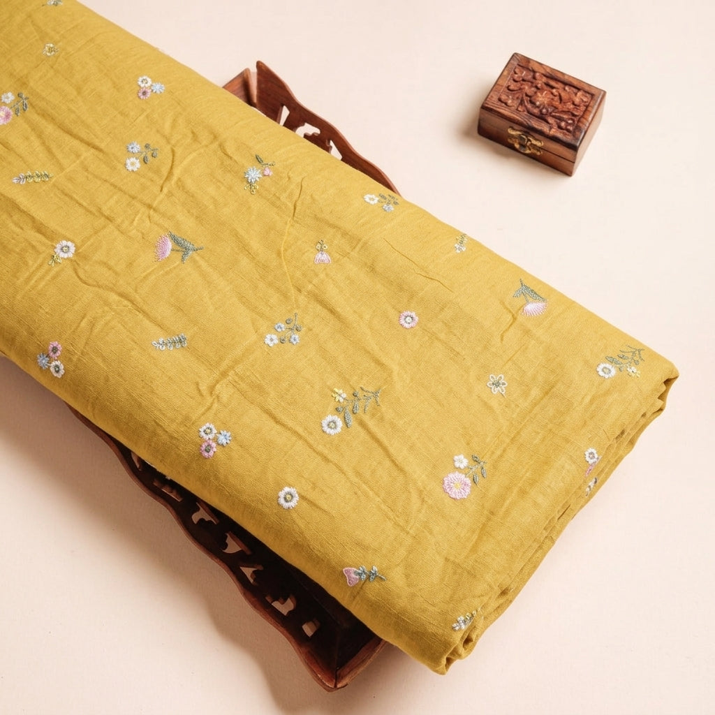 Embroidery Gold Embroidery Chanderi Cotton Fabric on a wooden tray