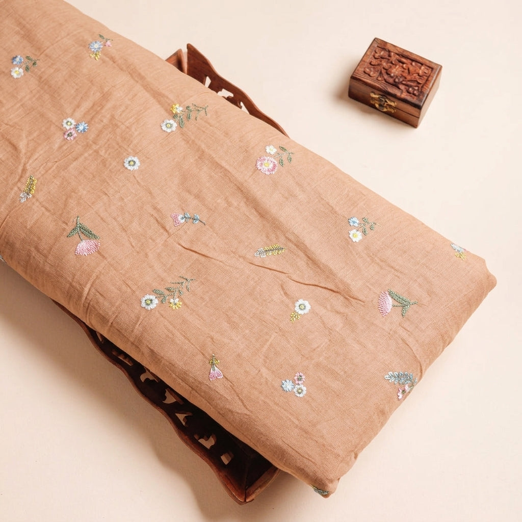 Embroidery Gold Embroidery Chanderi Cotton Fabric on a wooden tray