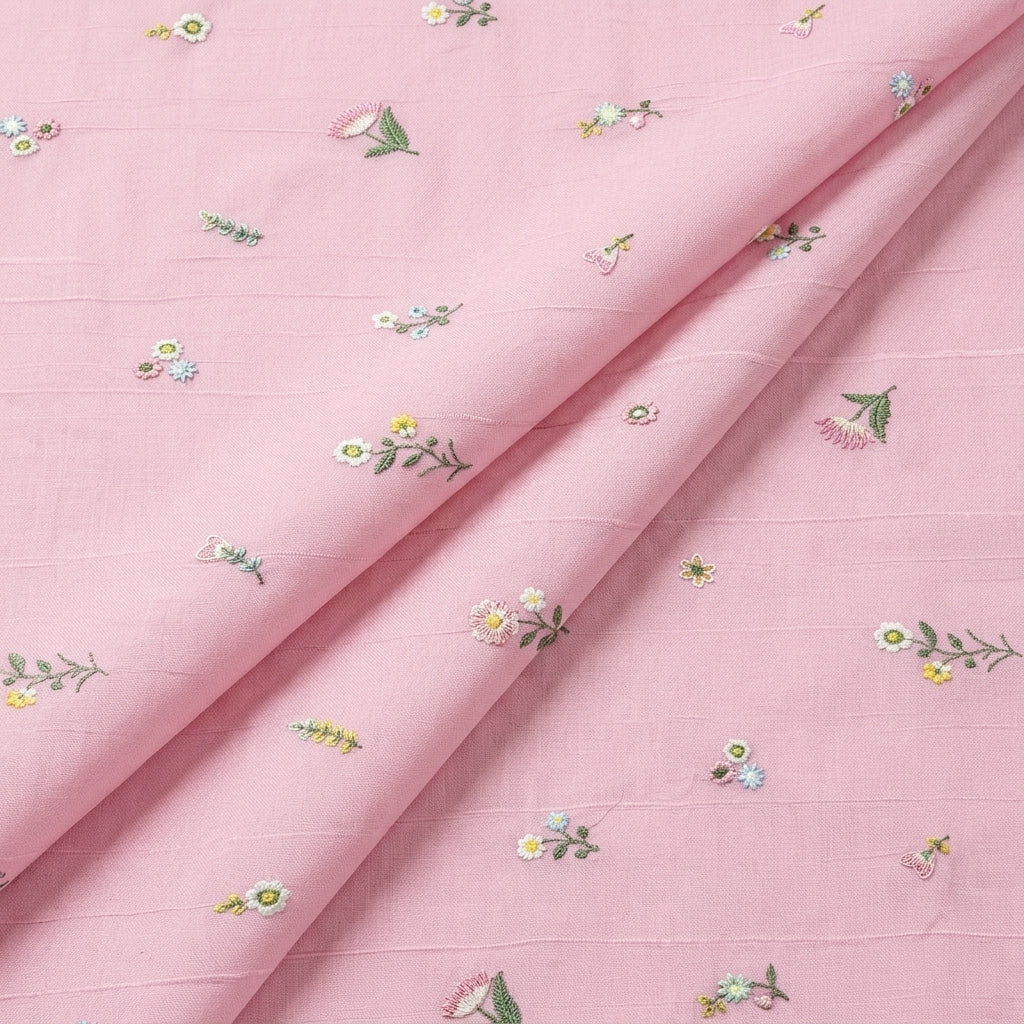 Folded Embroidery Pink Embroidery Chanderi Cotton Fabric