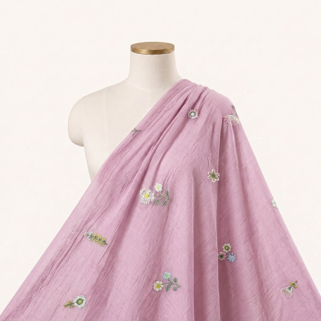 Embroidery Pink Embroidery Chanderi Cotton Fabric Draped as a saree