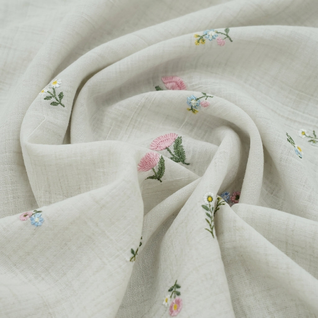 Swirled Embroidery Cream Embroidery Chanderi Cotton Fabric
