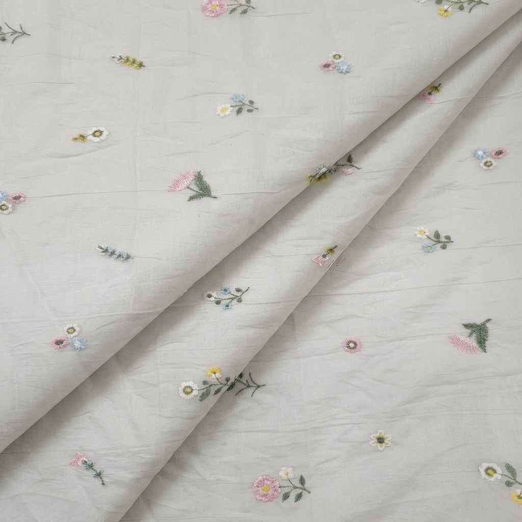 Folded Embroidery Cream Embroidery Chanderi Cotton Fabric
