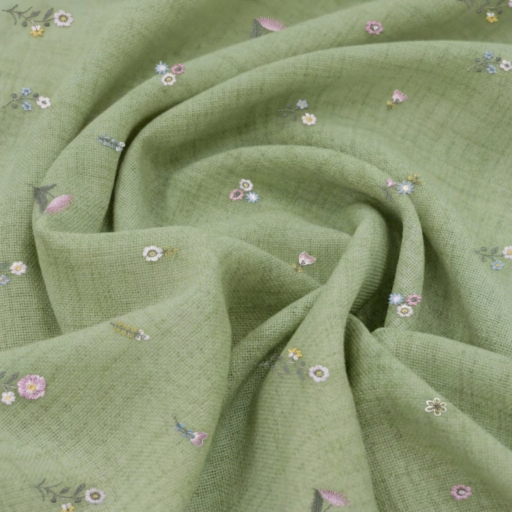 Swirled Embroidery Green Embroidery Chanderi Cotton Fabric