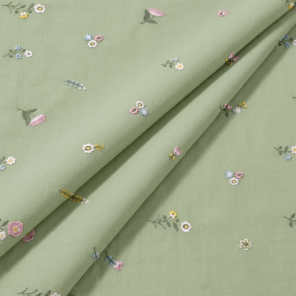 Folded Embroidery Green Embroidery Chanderi Cotton Fabric