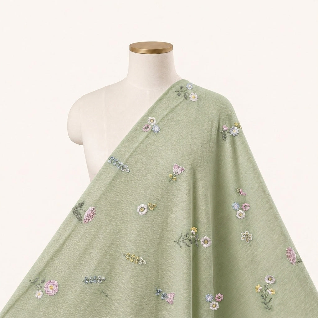 Embroidery Green Embroidery Chanderi Cotton Fabric Draped as a saree